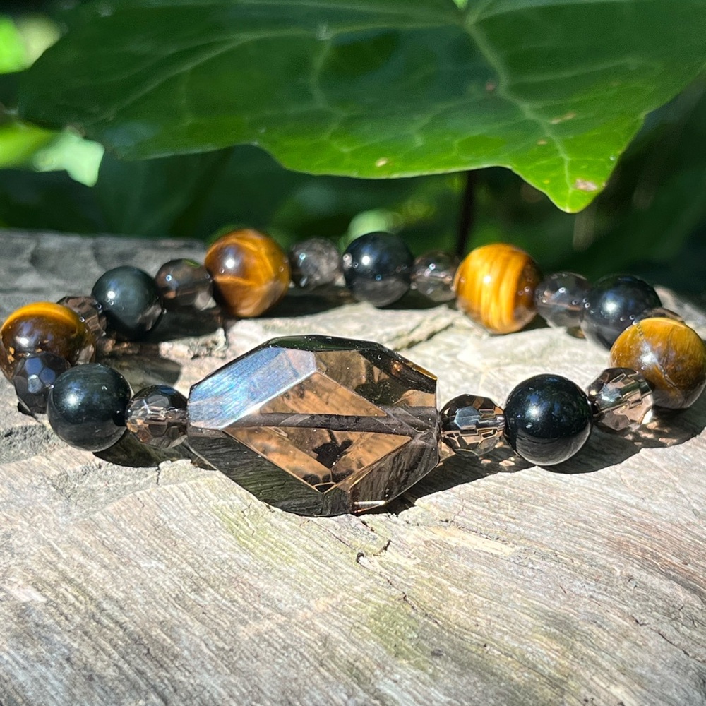 Smoky‎ Quartz Tiger eye, rainbow obsidian bracelet